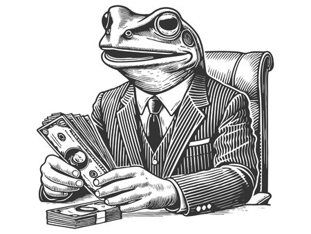 frog in a suit, sitting at a desk and counting stacks of cash sketch engraving raster illustration. Scratch board imitation. Black and white image.の写真素材