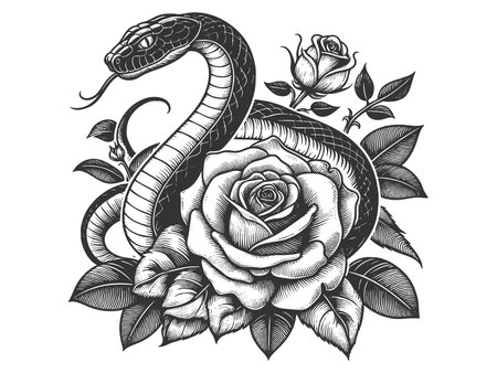 snake with its fangs bared, surrounded by blooming roses and leaves, blending danger and beauty sketch engraving generative ai raster illustration. Scratch board imitation. Black and white image.の素材