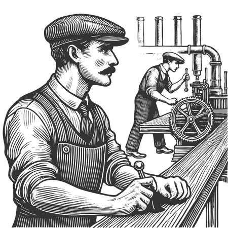 industrial-era factory workers operating heavy machinery, depicting the early labor force sketch engraving raster illustration. Scratch board imitation. Black and white image.の写真素材