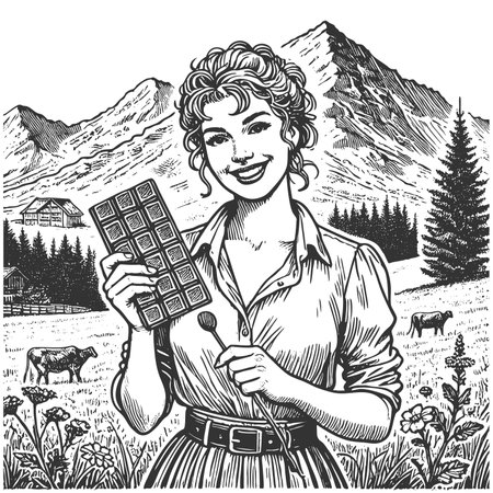 cheerful woman in an alpine meadow holding a chocolate bar, with mountains, flowers, and trees in background sketch engraving raster illustration. Scratch board. Black and white image.の写真素材