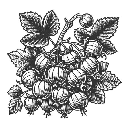gooseberry cluster with leaves, intricate botanical line art, vintage style, and natural fruit design sketch engraving vector illustration. Scratch board. Black and white imageのイラスト素材