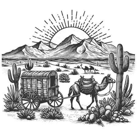 camel in a desert setting with mountns, palm trees, and a distant settlement under a setting sun sketch engraving vector illustration. Scratch board imitation. Black and white image.のイラスト素材