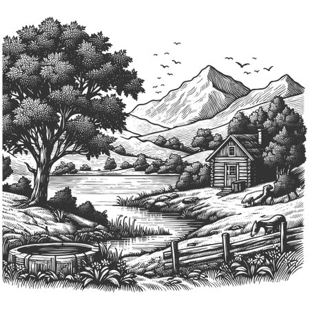 alpine village nestled in a valley, surrounded by towering mountns and a serene lake, drawn in an engraved, woodcut style sketch engraving vector. Scratch board. Black and white.のイラスト素材