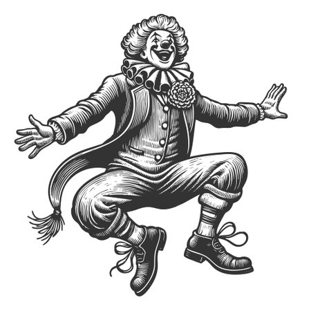 clown in mid-jump, wearing a classic costume with ruffles, buttons, and exaggerated shoes sketch engraving vector illustration. Scratch board imitation. Black and white image.のイラスト素材