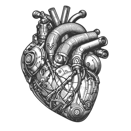 Robotic biomechanical heart with intricate pipes, gears, and tubes, steampunk and futuristic cybernetic aesthetics sketch engraving vector illustration. Scratch board. Black and whiteのイラスト素材