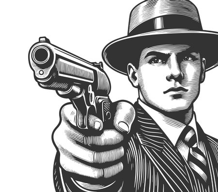 serious-faced gangster in a fedora and pinstripe suit, ming handgun directly forward in a dramatic...