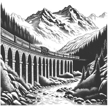 trn passing over a stone viaduct, surrounded by mountns and forests. Majestic natural scene sketch engraving vector illustration. Scratch board imitation. Black and white image.のイラスト素材