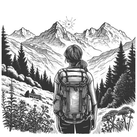 female hiker with a backpack gazing at a breathtaking mountn range, symbolizing adventure and exploration sketch engraving raster illustration. Scratch board. Black and white image.の写真素材