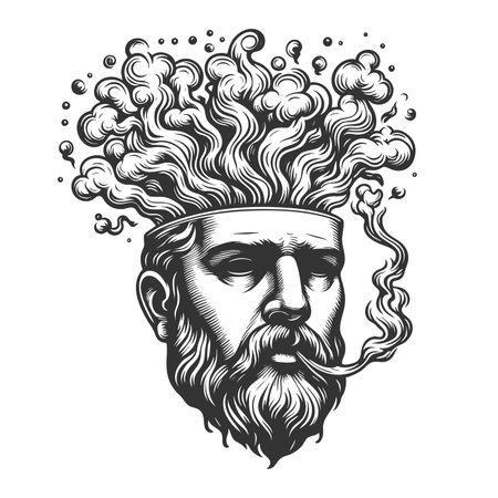 man with smoke emerging from his head, symbolizing thoughts and imagination sketch engraving fictional character raster illustration. Scratch board imitation. Black and white image.の写真素材