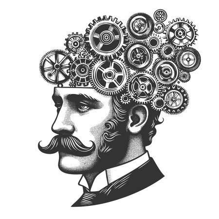 man profile with gears, tools, lightbulb symbolizing innovation and creativity sketch engraving fictional character raster illustration. Scratch board imitation. Black and white image.の写真素材