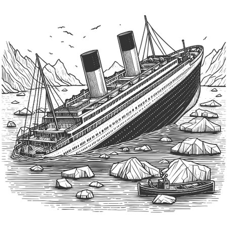 large ocean liner sinking in icy waters surrounded by icebergs and mountns sketch engraving vector illustration. Scratch board imitation. Black and white image.のイラスト素材