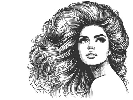 woman with an enormous, intricately curled hairstyle, blending surrealism, elegance, and vintage artistic style sketch engraving generative ai vector illustration. Scratch board. Black and white imageの素材