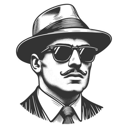 gangster wearing a fedora, sunglasses, and a pinstripe suit, embodying a noir crime aesthetic sketch engraving raster illustration. Scratch board imitation. Black and white image.の写真素材