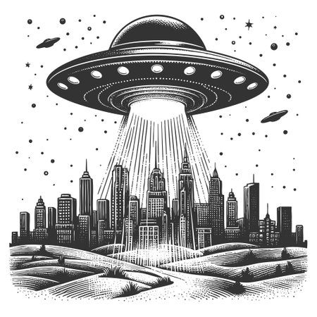 UFO hovering over a city, emitting bright beams of light in a dramatic scene sketch engraving vector illustration. Scratch board imitation. Black and white image.のイラスト素材