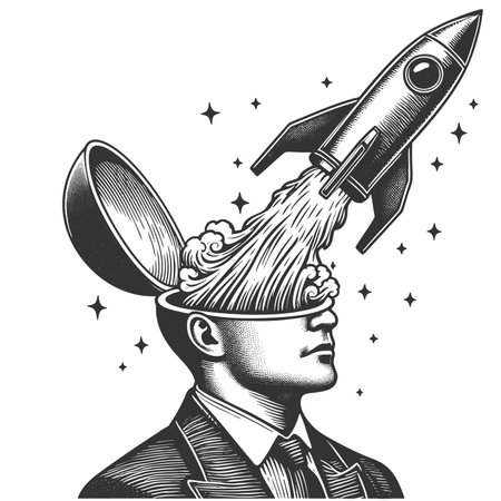 surreal concept featuring a rocket blasting off from an open-headed man, symbolizing creativity,...