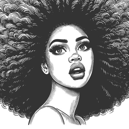 woman with a voluminous afro hrstyle and hoop earrings, exuding strength, beauty, and vintage...
