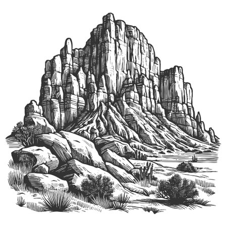 rugged rocky mountn formation surrounded by scattered boulders and sparse trees, depicting natural wilderness scene sketch engraving vector illustration. Scratch board. Black and whiteのイラスト素材