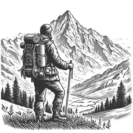 hiker standing on alpine mountn ridge, gazing at a scenic valley and lake, evoking adventure and exploration sketch engraving vector illustration. Scratch board. Black and white image.のイラスト素材