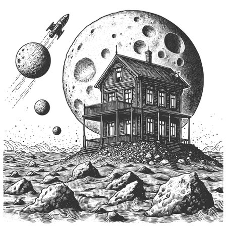 house on a rocky alien landscape with a large moon and planets in the background sketch engraving vector illustration. Scratch board imitation. Black and white image.のイラスト素材