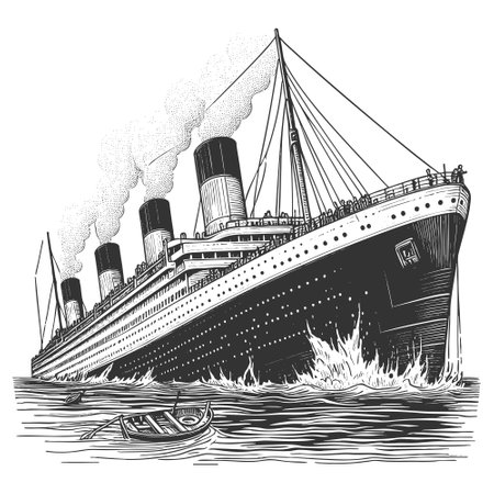 classic vintage ocean liner with smokestacks, surrounded by flying seagulls sketch engraving vector illustration. Scratch board imitation. Black and white image.のイラスト素材