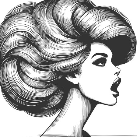 woman with an enormous, intricately curled hrstyle, blending surrealism, elegance, and vintage artistic style sketch engraving raster illustration. Scratch board. Black and white imageの写真素材
