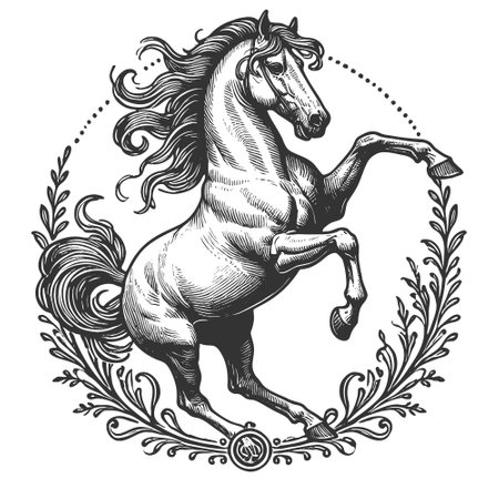horse rearing on its hind legs, depicted in an engraved, woodcut style with fine detls sketch engraving vector illustration. Scratch board imitation. Black and white image.のイラスト素材