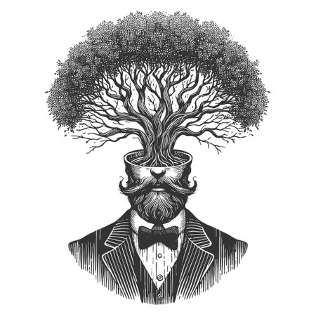 man in a suit with a tree growing from his open head, symbolizing knowledge and growth sketch engraving vector illustration. Scratch board imitation. Black and white image.のイラスト素材