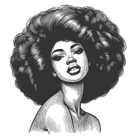 woman with a voluminous afro hrstyle and hoop earrings, exuding strength, beauty, and vintage artistic elegance sketch engraving raster illustration. Scratch board. Black and white.の写真素材