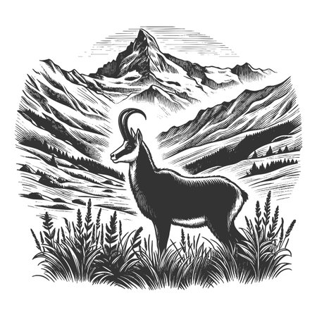 alpine ibex standing in a mountn landscape, surrounded by wildflowers and rugged peaks in the background sketch engraving raster illustration. Scratch board. Black and white image.の写真素材