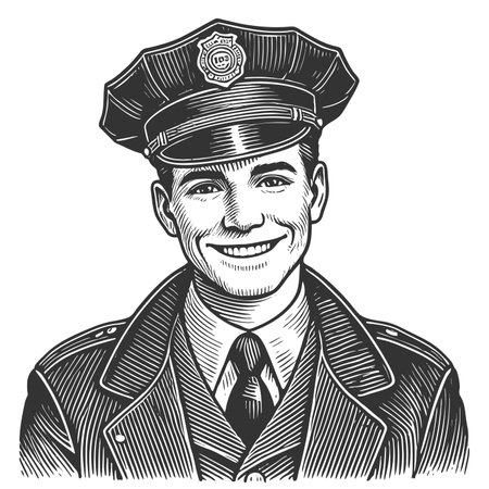police officer in a classic uniform and hat, evoking a nostalgic and trustworthy vintage aesthetic sketch engraving raster illustration. Scratch board imitation. Black and white image.の写真素材