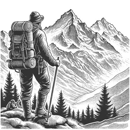 hiker standing on alpine mountn ridge, gazing at a scenic valley and lake, evoking adventure and exploration sketch engraving raster illustration. Scratch board. Black and white image.の写真素材