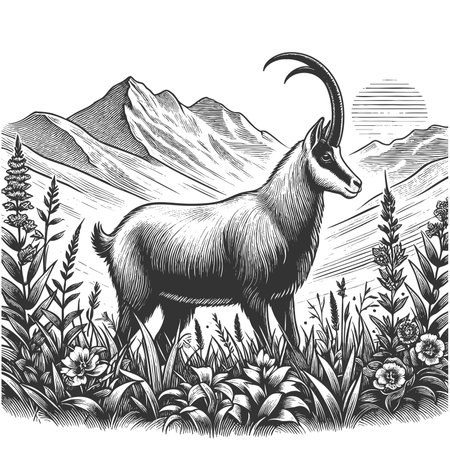 alpine ibex standing in a mountn landscape, surrounded by wildflowers and rugged peaks in the background sketch engraving raster illustration. Scratch board. Black and white image.の写真素材