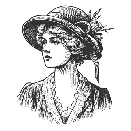 English woman in a wide-brimmed hat with floral decoration, wearing vintage lace-trimmed clothing...