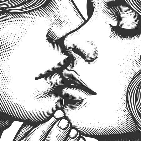 Romantic couple close-up kiss, capturing intimacy and passion in line art style sketch engraving fictional character raster illustration. Scratch board imitation. Black and white imageの写真素材