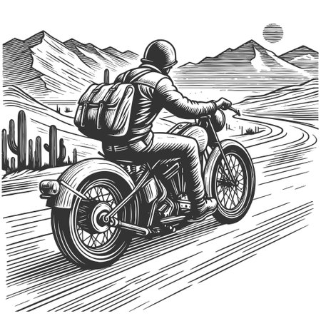 motorcyclist traveling down an endless desert road, symbolizing freedom and adventure sketch engraving vector illustration. Scratch board imitation. Black and white image.のイラスト素材