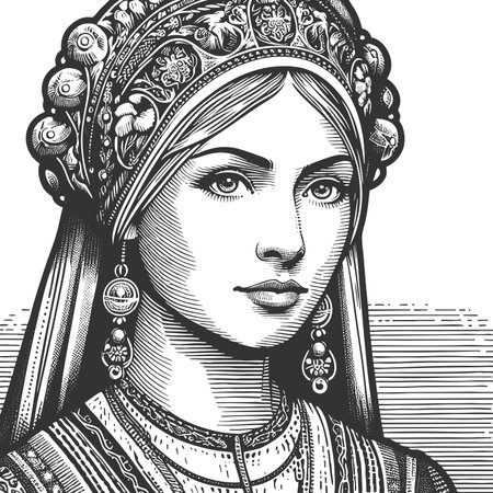 Russian woman in detled folk costume and headscarve, Slavic heritage and cultural beauty in vintage style sketch engraving raster illustration. Scratch board. Black and white.の写真素材