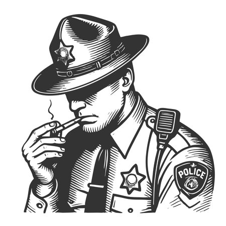 police officer in uniform smoking a cigar, evoking a noir-style, old-fashioned, and mysterious...