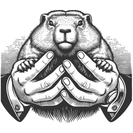 man in a suit holding a groundhog, blending formal attire with nature in a surreal way sketch engraving vector illustration. Scratch board imitation. Black and white image.のイラスト素材