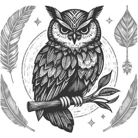 mystical owl adorned with feathers, jewelry, and surrounded by decorative floral and leafy elements sketch engraving vector illustration. Scratch board imitation. Black and white image.のイラスト素材