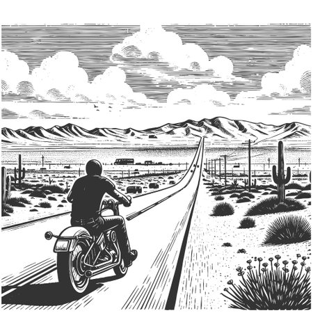 motorcyclist traveling down an endless desert road, symbolizing freedom and adventure sketch engraving vector illustration. Scratch board imitation. Black and white image.のイラスト素材