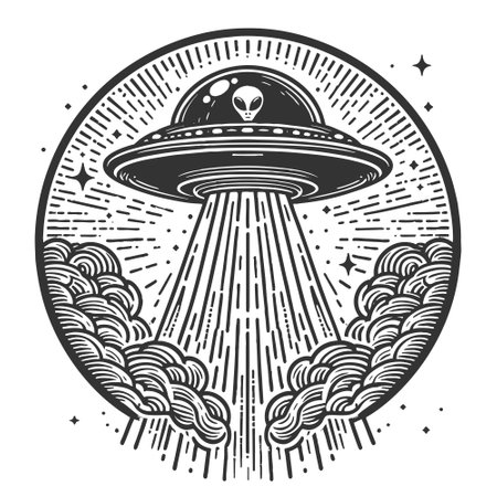 UFO flying saucer emitting a powerful beam of light, blending retro sci-fi with a mysterious extraterrestrial theme sketch engraving vector illustration. Scratch board. Black and white.のイラスト素材
