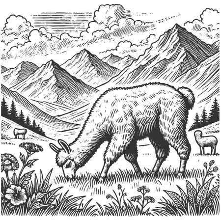 llama grazing in a high-altitude mountn valley, surrounded by rugged peaks and natural vegetation, engraved, woodcut style sketch engraving vector. Scratch board. Black and white.のイラスト素材