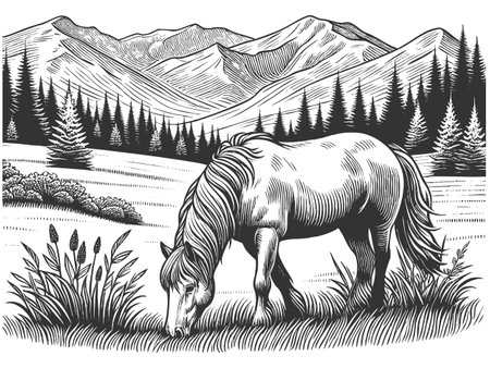 horse peacefully grazing in scenic alpine meadow mountn landscape, wildflowers and pine trees in etching style sketch engraving vector illustration. Scratch board. Black and white.のイラスト素材