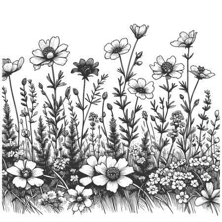 Blooming alpine meadow wildflowers , delicate petals, lush foliage, and detled botanical elements sketch engraving raster illustration. Scratch board imitation. Black and white image.の写真素材