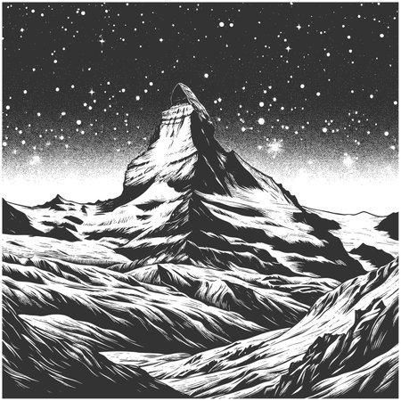 Matterhorn mountn at night, with shooting stars illuminating the sky over a snowy alpine landscape sketch engraving raster illustration. Scratch board imitation. Black and white image.の写真素材