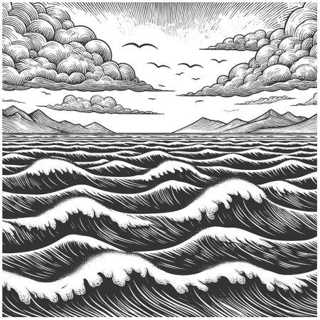 ocean waves with a setting sun and starry sky in the background sketch engraving vector illustration. Scratch board imitation. Black and white image.のイラスト素材