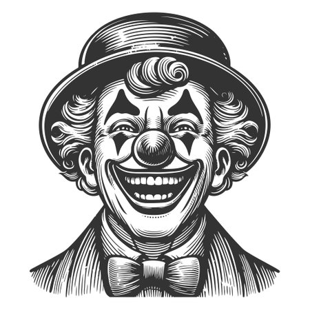 clown face with curly hr, exaggerated makeup, and a ruffled collar in retro engraving style sketch engraving vector illustration. Scratch board imitation. Black and white image.のイラスト素材