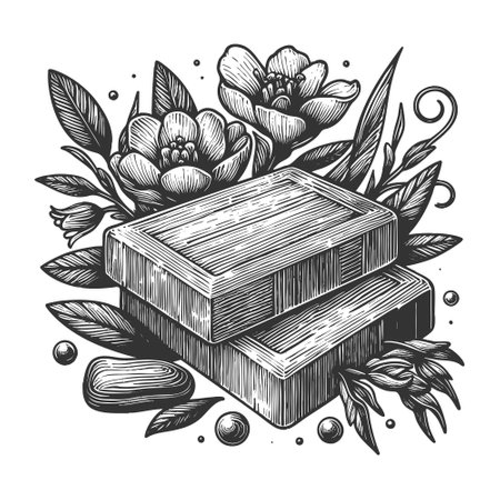 Handmade soap, representing natural skincare and hygiene sketch engraving vector illustration. Scratch board imitation. Black and white image.のイラスト素材