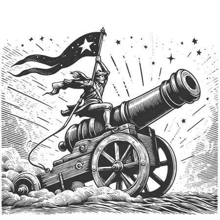 muscular warrior with flowing hr and a cape, dramatically riding a massive cannon, symbolizing power and heroism sketch engraving vector illustration. Scratch board. Black and white.のイラスト素材