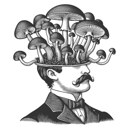 man head with mushrooms growing from the top, symbolizing imagination, nature, altered consciousness sketch engraving raster illustration. Scratch board imitation. Black and white image.の写真素材
